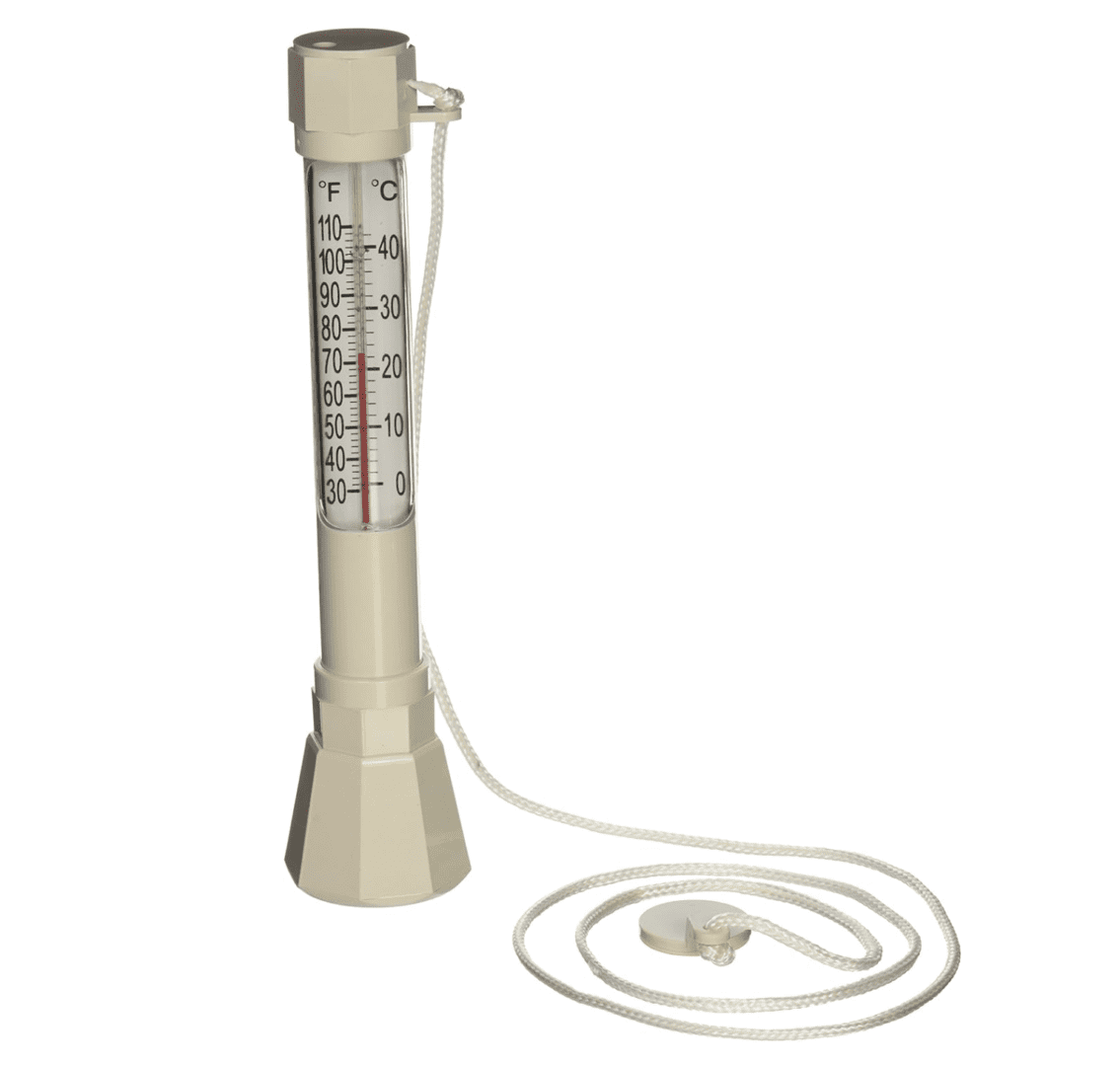 A beige Pentair R141200 No. 136 E-Z Read Combo Sink Or Float Thermometer with temperature readings in fahrenheit, including a cord for easy handling.